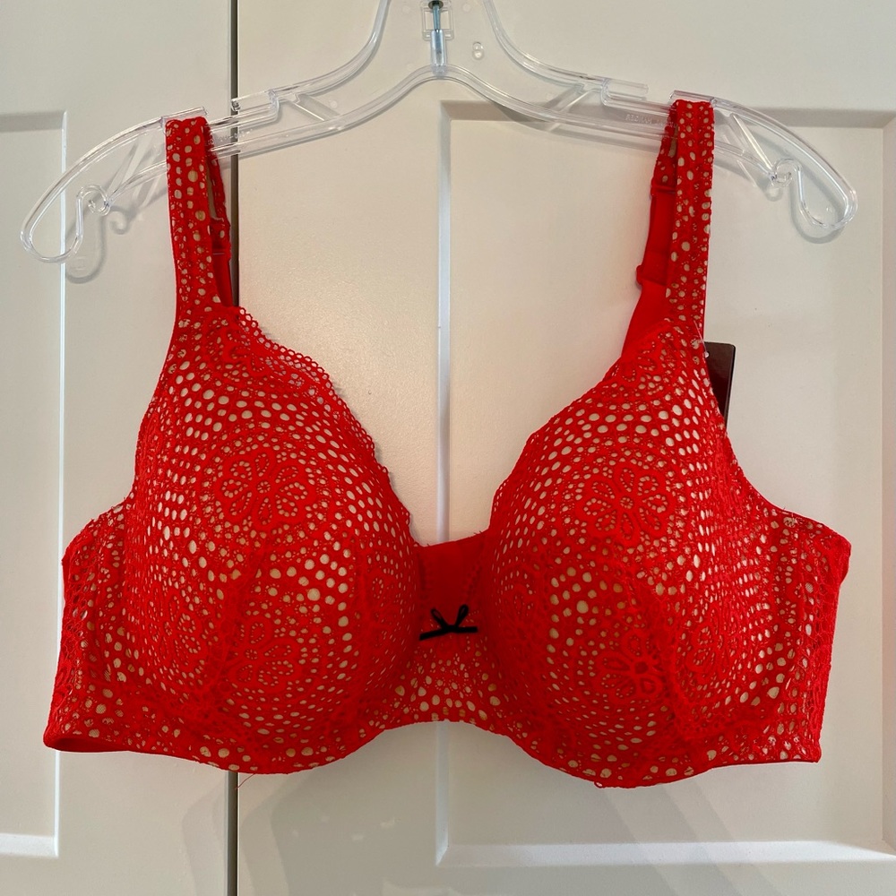 NWT Cacique 44b red / orange lace cotton tshirt underwire bra